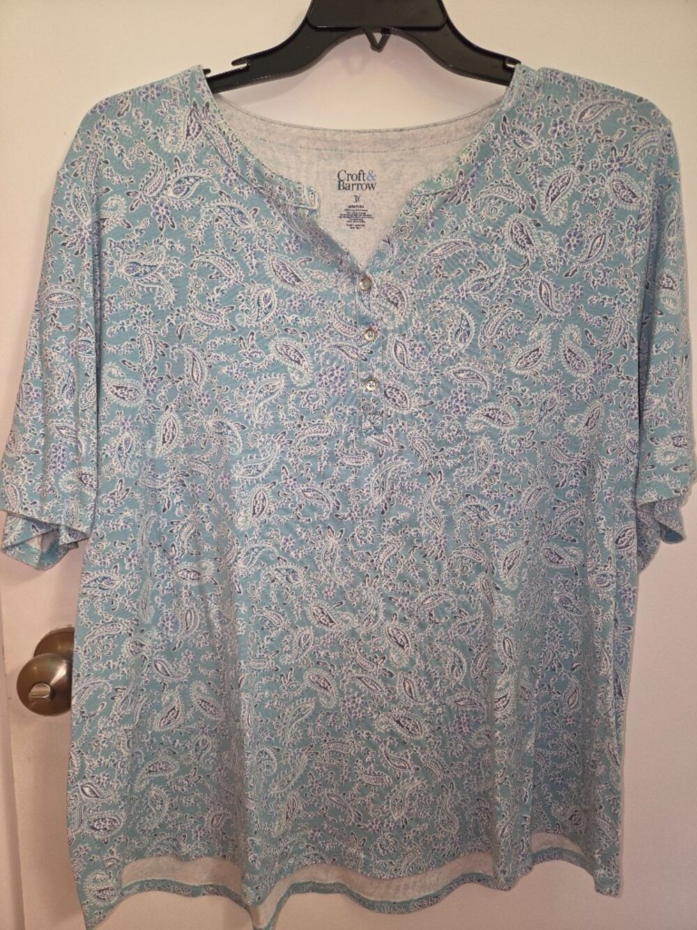 BLUE PAISLEY WOMENS BUTTON DOWN, SHORT SLEEVED T-SHIRT